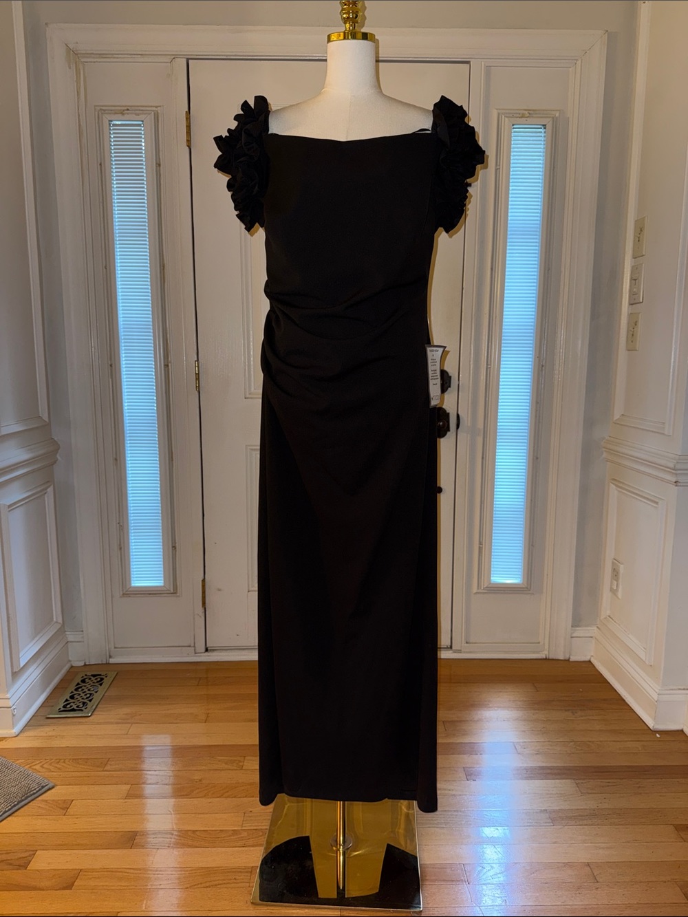 Xscape Black Maxi Dress with Ruffled Cap Sleeves